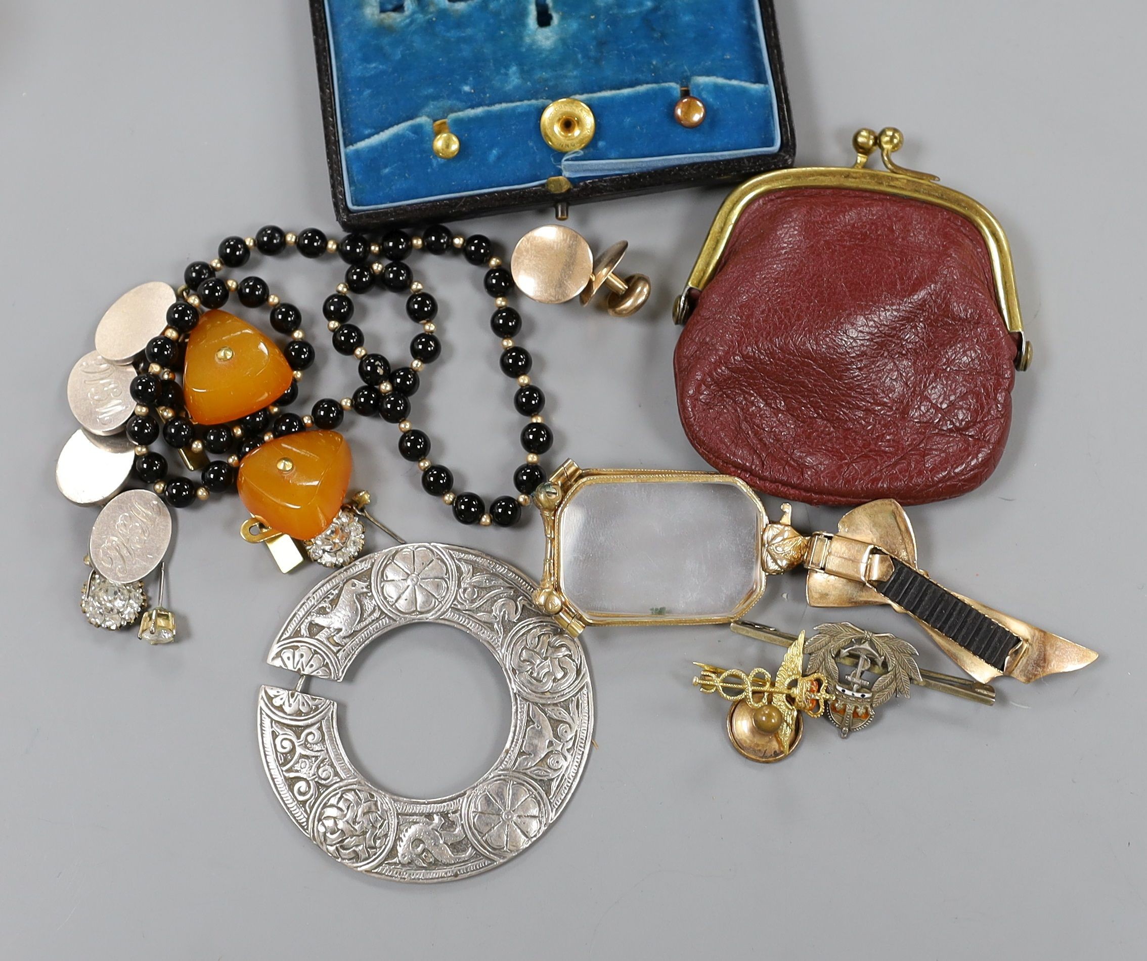 Mixed jewellery including two 9ct gold studs, a 9ct gold and enamel brooch, gross 5 grams and other items including silver brooch, lorgnettes etc.
